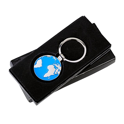 GLOBE RING metal key ring,  silver/blue